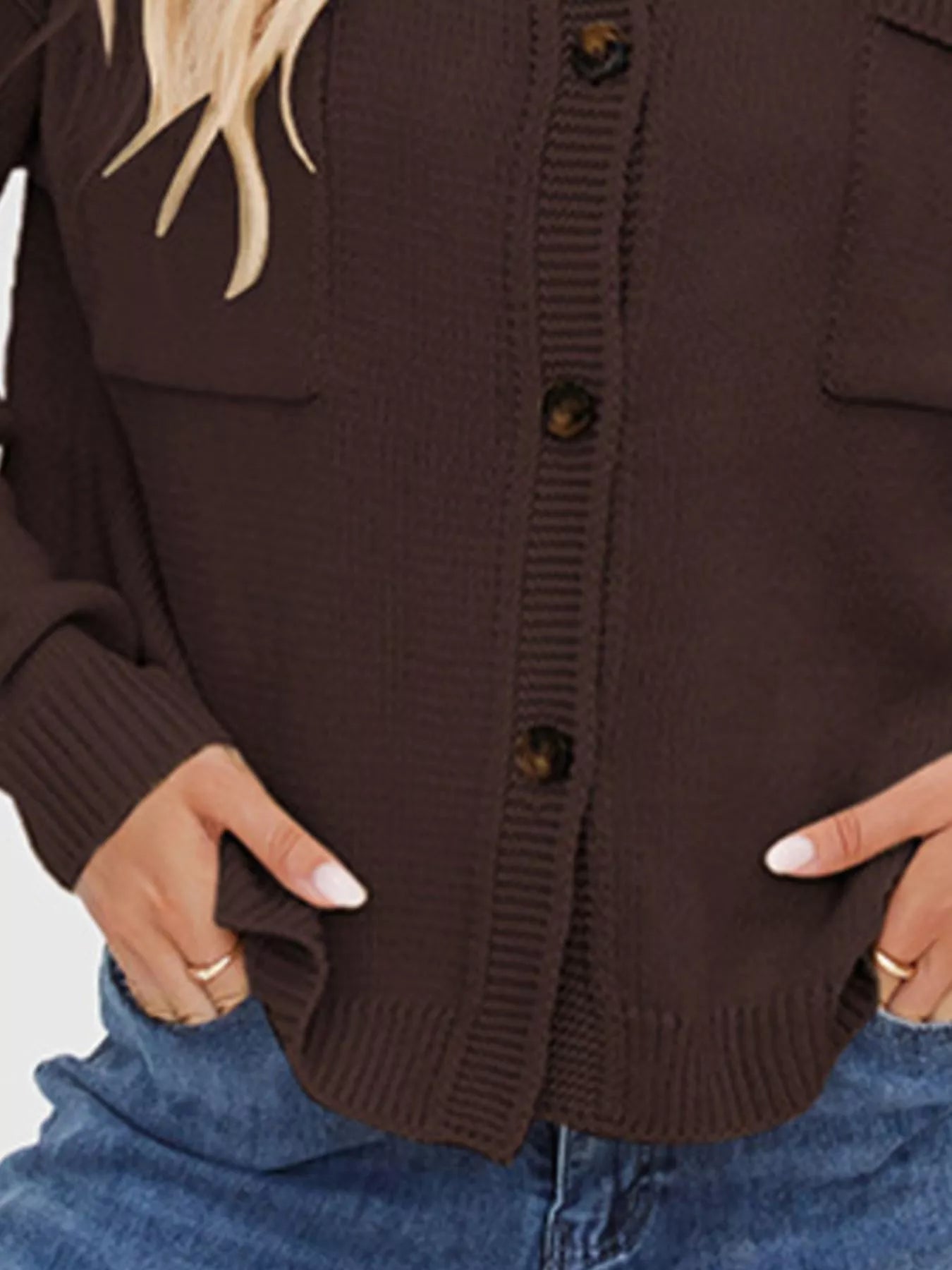 Women's casual knit button-down cardigan in brown featuring a stand collar, chest pocket, front pockets, and ribbed trim. Cozy boutique sweater perfect for layering with jeans and fall outfits.