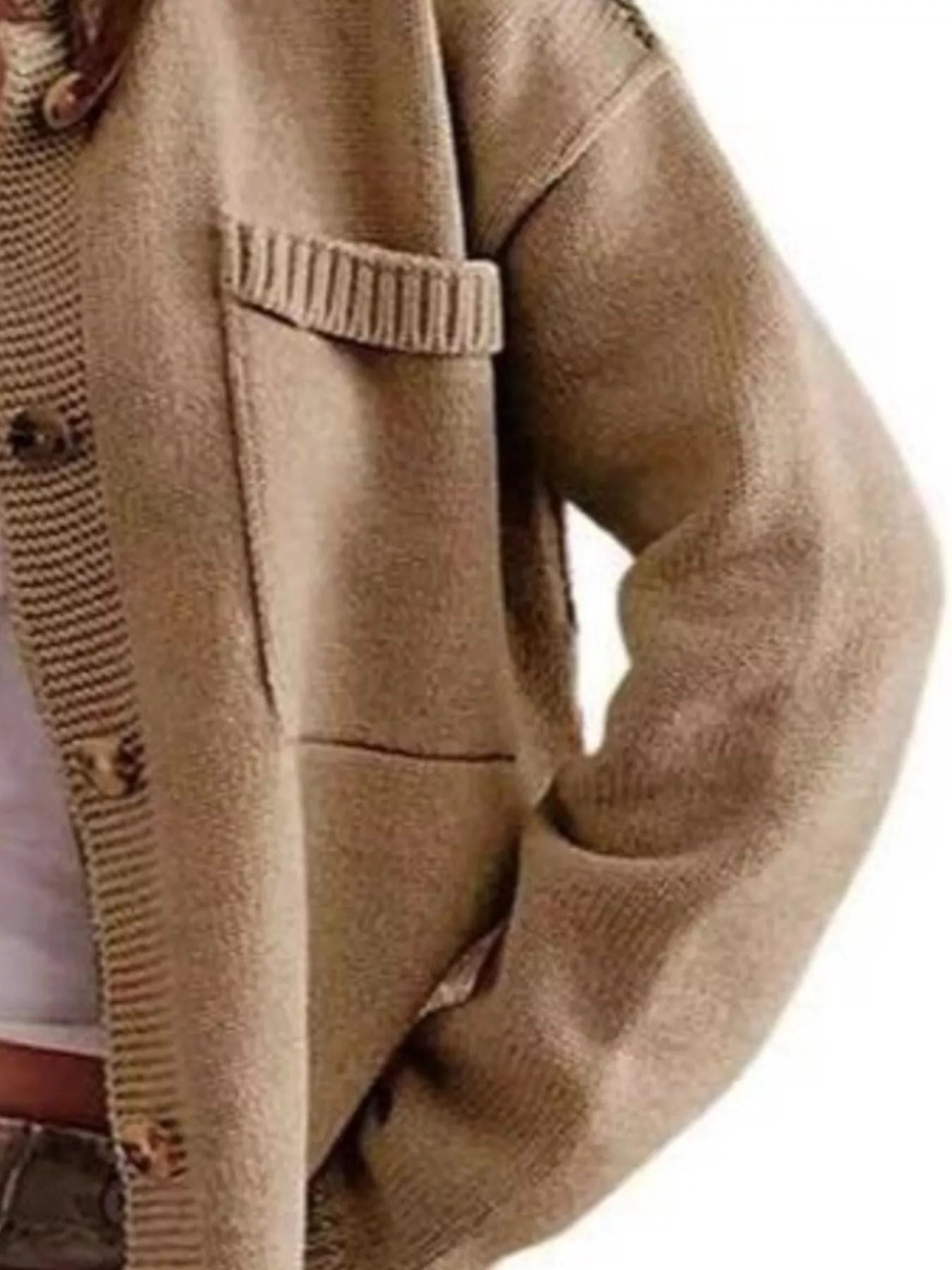 Women's casual knit button-down cardigan in khaki featuring a stand collar, chest pocket, front pockets, and ribbed trim. Cozy boutique sweater perfect for layering with jeans and fall outfits.