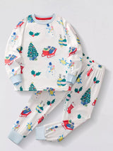 Children's white Christmas two-piece top and pants set with colorful snowmen, Christmas trees, stockings, ornaments, sleighs, and light blue cuffs.