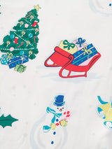 Children's white Christmas two-piece top and pants set with colorful snowmen, Christmas trees, stockings, ornaments, sleighs, and light blue cuffs.
