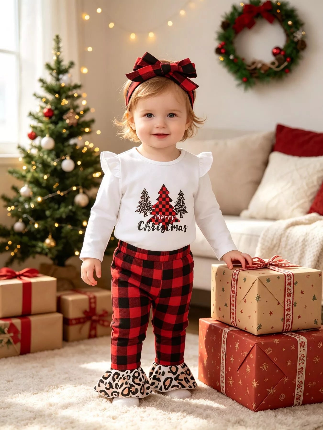 Baby girl wearing a Christmas tree graphic long sleeve top, red and black plaid ruffle pants and matching bow headband.