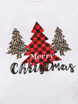 Baby girl wearing a Christmas tree graphic long sleeve top, red and black plaid ruffle pants and matching bow headband.