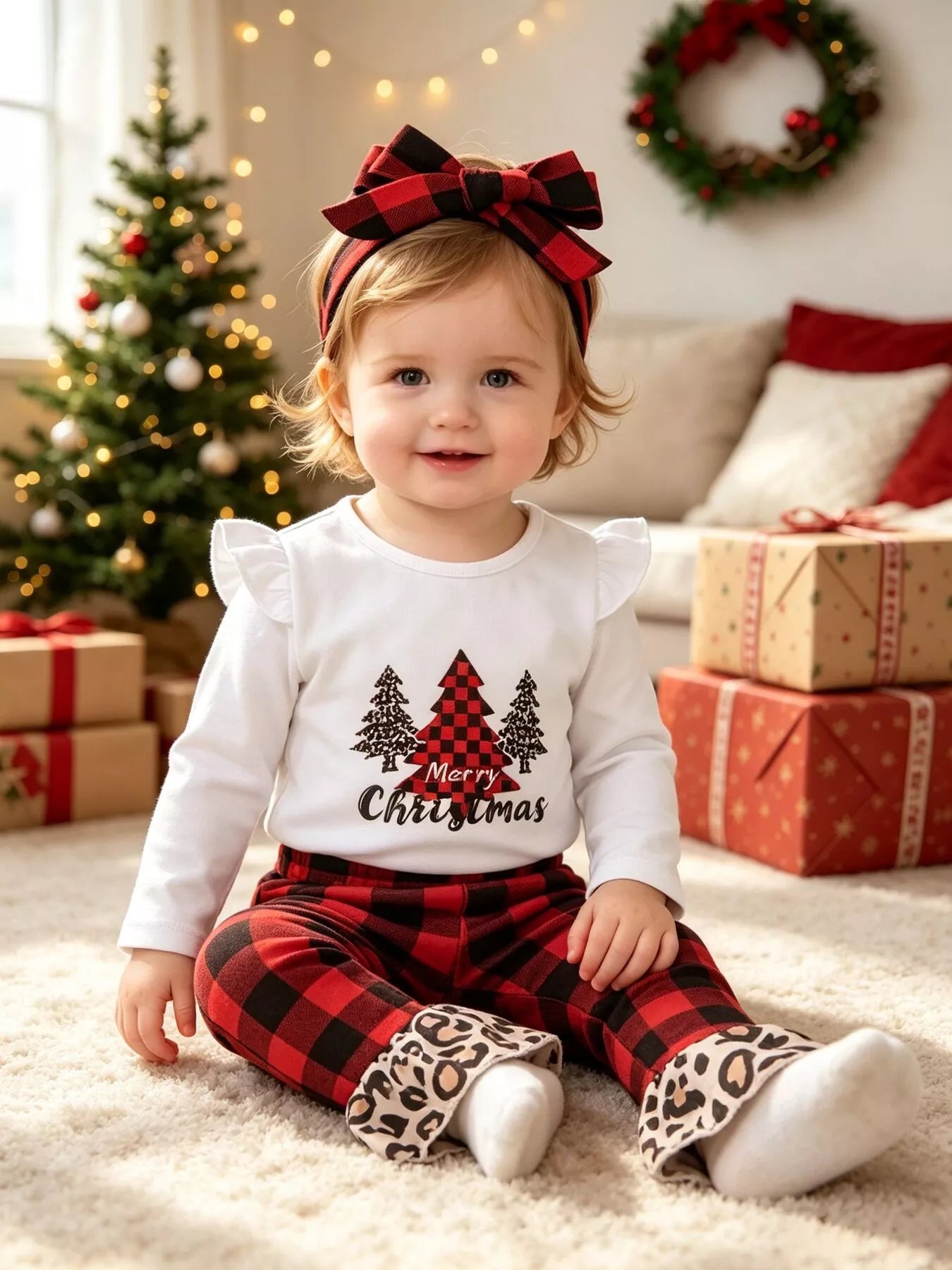 Baby girl wearing a Christmas tree graphic long sleeve top, red and black plaid ruffle pants and matching bow headband.
