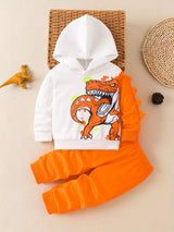 Children's white hooded sweatshirt with large orange dinosaur graphic and matching bright orange jogger-style pants.