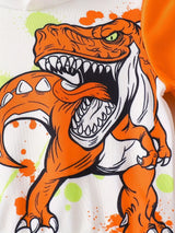Children's white hooded sweatshirt with large orange dinosaur graphic and matching bright orange jogger-style pants.