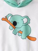 Mint green and white children's two-piece outfit with koala graphic hooded sweatshirt and matching koala print pants.
