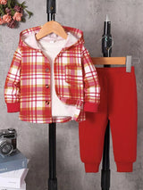 Boys' three-piece outfit featuring a red, cream and gold plaid button-front hooded top with chest pocket, white shirt and coordinating red pants.