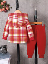 Back view of children's red, cream and gold plaid hooded top with coordinating solid red jogger-style pants, part of a three-piece boys' outfit.