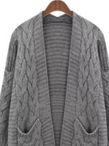 Women's chunky cable-knit open front cardigan with front pockets in gray, available in Burgundy, Gray, Purple, and Army Green, perfect for cozy fall layering.