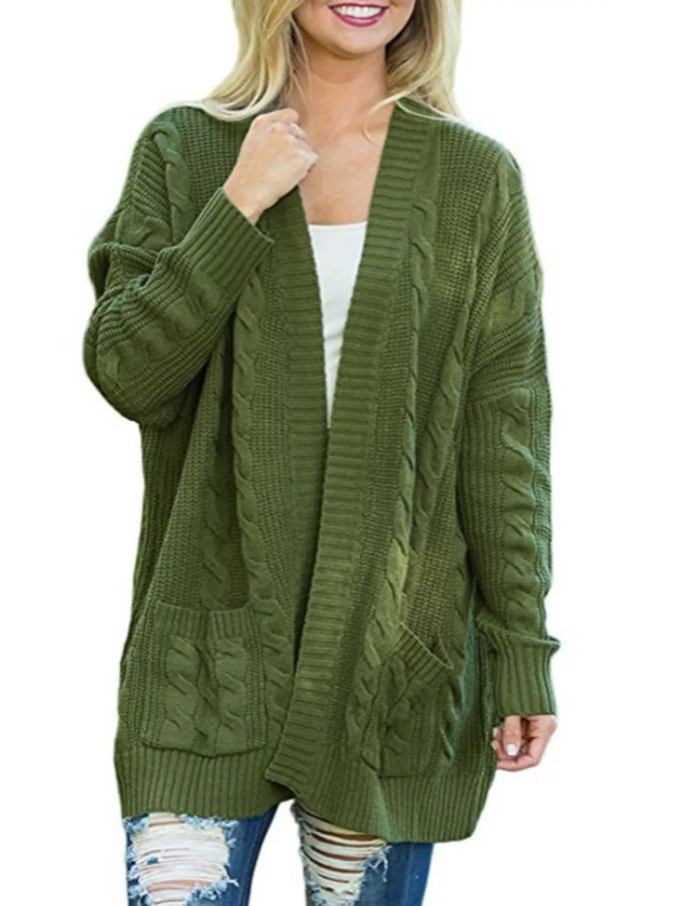 Women's chunky cable knit open front cardigan with front pockets in green. Cozy fall sweater perfect for layering with jeans, dresses, leggings, and boots.