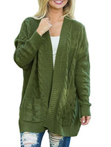 Women's chunky cable knit open front cardigan with front pockets in green. Cozy fall sweater perfect for layering with jeans, dresses, leggings, and boots.