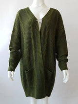Women's chunky cable knit open front cardigan with front pockets in green. Cozy fall sweater perfect for layering with jeans, dresses, leggings, and boots.
