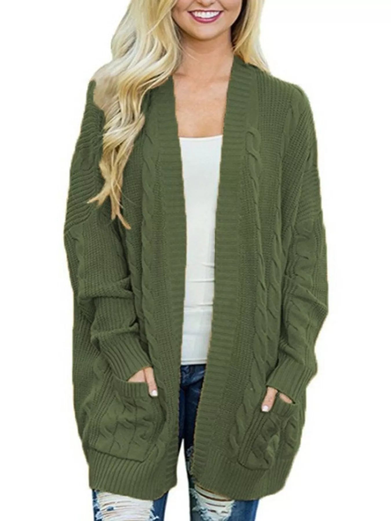 Women's chunky cable knit open front cardigan with front pockets in green. Cozy fall sweater perfect for layering with jeans, dresses, leggings, and boots.