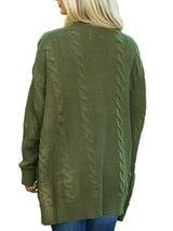 Women's chunky cable knit open front cardigan with front pockets in green. Cozy fall sweater perfect for layering with jeans, dresses, leggings, and boots.
