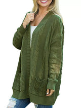 Women's chunky cable knit open front cardigan with front pockets in green. Cozy fall sweater perfect for layering with jeans, dresses, leggings, and boots.