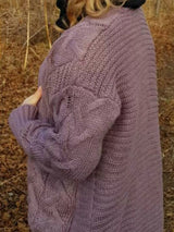 Women's chunky cable-knit open front cardigan with front pockets in purple, available in Burgundy, Gray, Purple, and Army Green, perfect for cozy fall layering.