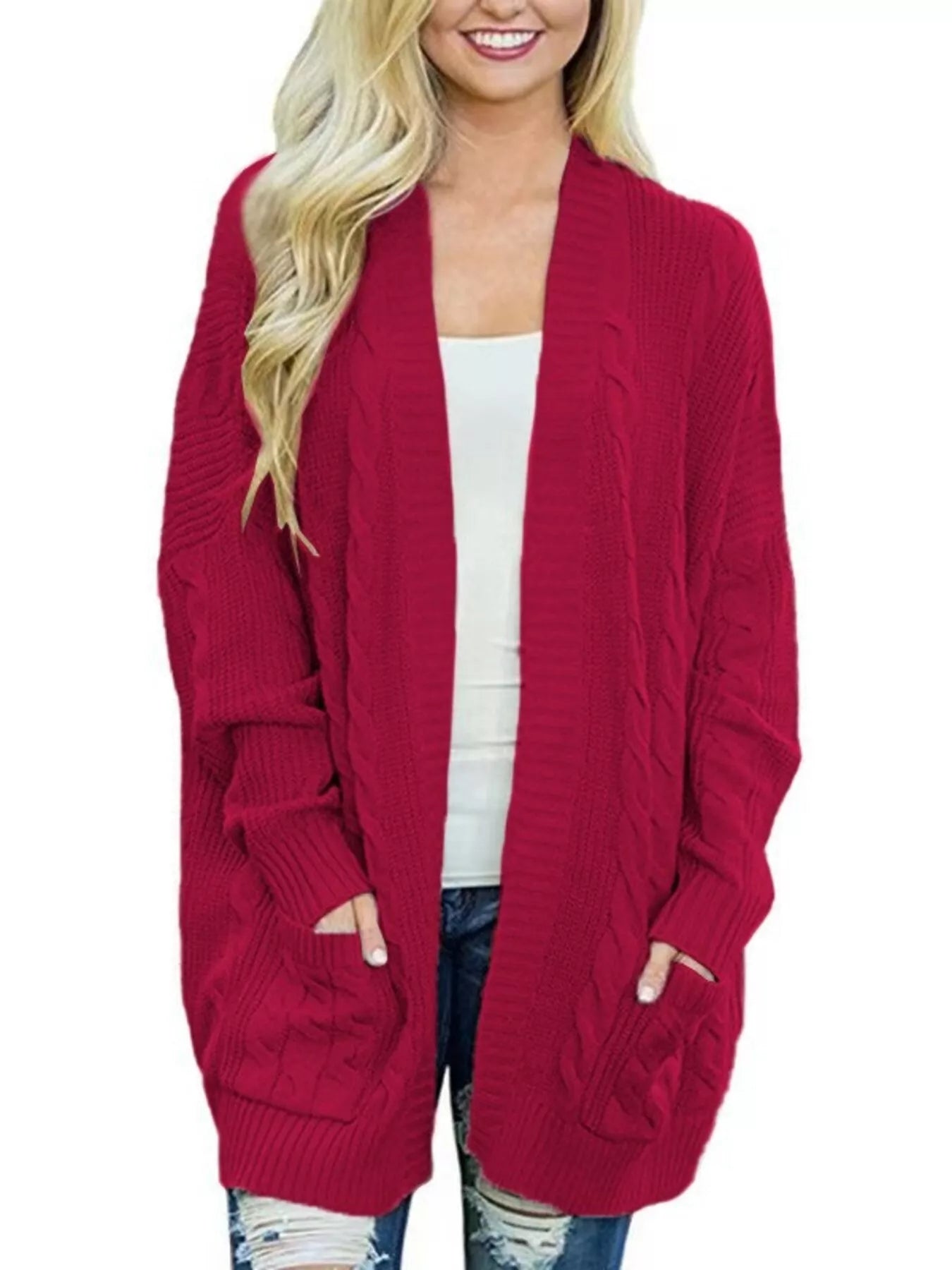 Women's chunky cable knit open front cardigan with front pockets in wine red. Cozy fall sweater perfect for layering with jeans, dresses, leggings, and boots.