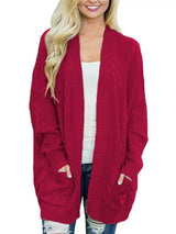 Women's chunky cable knit open front cardigan with front pockets in wine red. Cozy fall sweater perfect for layering with jeans, dresses, leggings, and boots.