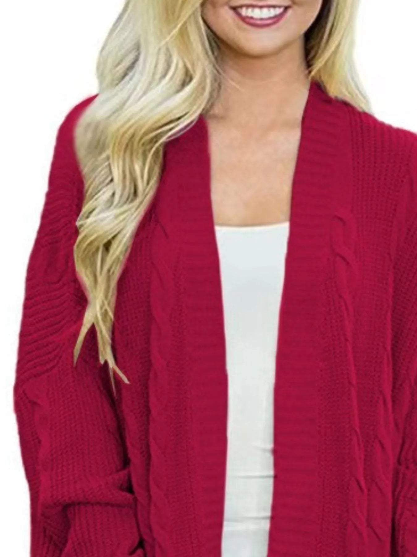 Women's chunky cable knit open front cardigan with front pockets in wine red. Cozy fall sweater perfect for layering with jeans, dresses, leggings, and boots.