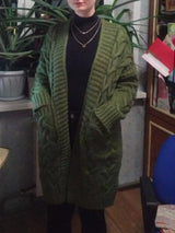 Women's chunky cable-knit open front cardigan with front pockets in army green, available in Burgundy, Gray, Purple, and Army Green, perfect for cozy fall layering.