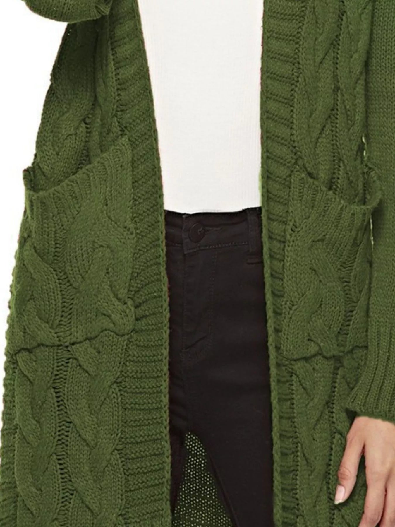 Women's chunky cable-knit open front cardigan with front pockets in army green, available in Burgundy, Gray, Purple, and Army Green, perfect for cozy fall layering.