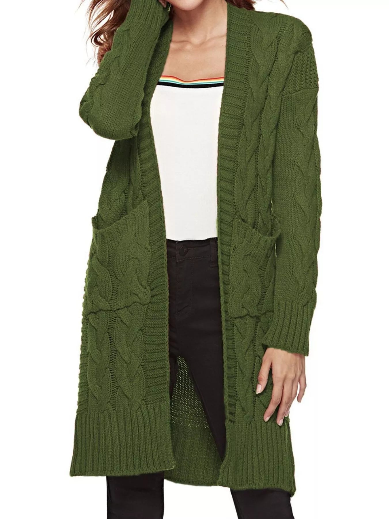 Women's chunky cable-knit open front cardigan with front pockets in army green, available in Burgundy, Gray, Purple, and Army Green, perfect for cozy fall layering.