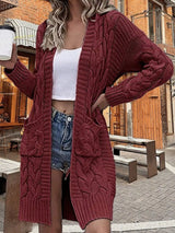 Women's chunky cable-knit open front cardigan with front pockets in burgundy, available in Burgundy, Gray, Purple, and Army Green, perfect for cozy fall layering.
