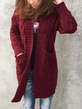 Women's chunky cable-knit open front cardigan with front pockets in burgundy, available in Burgundy, Gray, Purple, and Army Green, perfect for cozy fall layering.