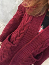 Women's chunky cable-knit open front cardigan with front pockets in burgundy, available in Burgundy, Gray, Purple, and Army Green, perfect for cozy fall layering.