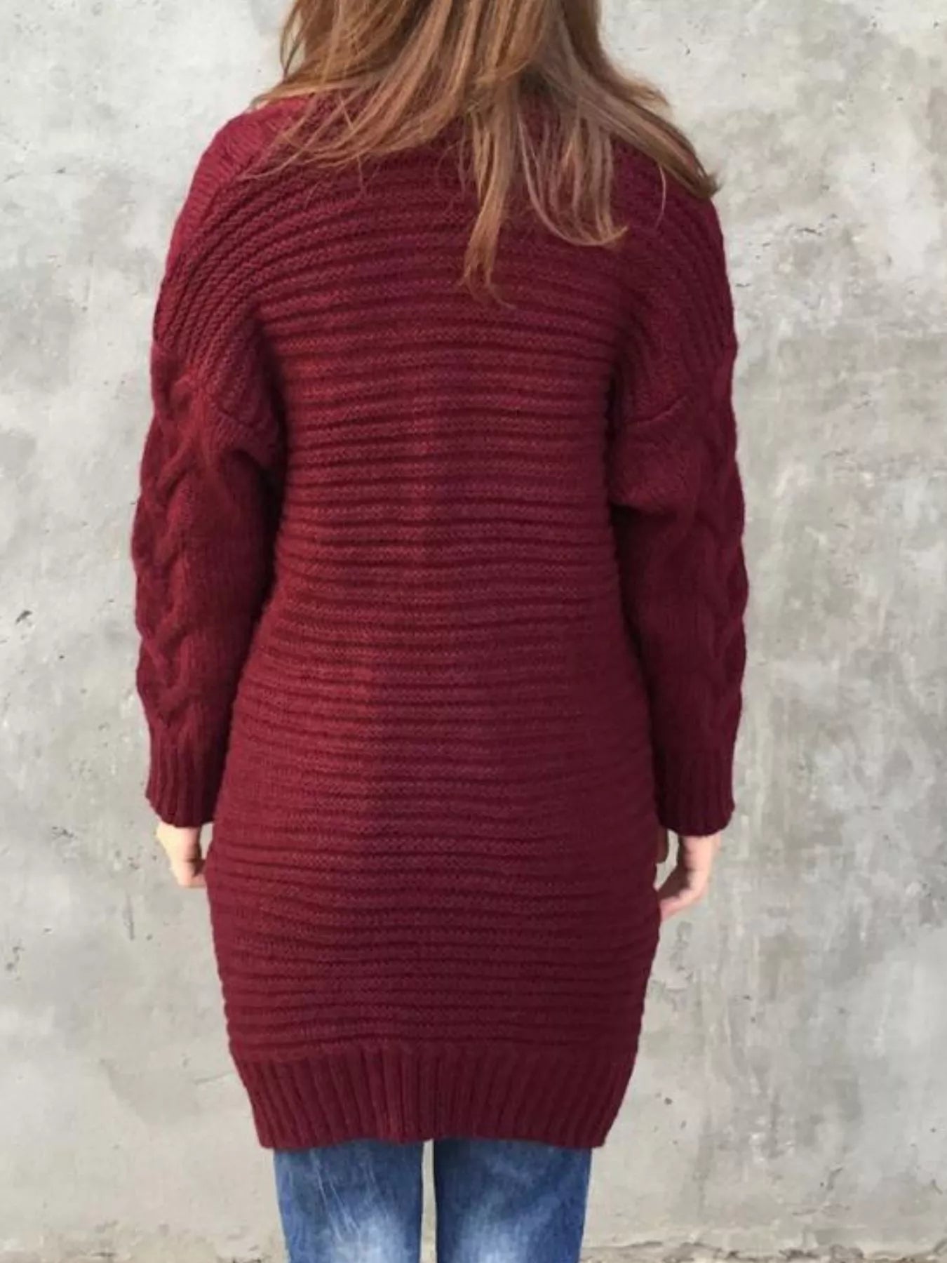 Women's chunky cable-knit open front cardigan with front pockets in burgundy, available in Burgundy, Gray, Purple, and Army Green, perfect for cozy fall layering.