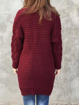 Women's chunky cable-knit open front cardigan with front pockets in burgundy, available in Burgundy, Gray, Purple, and Army Green, perfect for cozy fall layering.