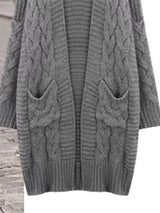 Women's chunky cable-knit open front cardigan with front pockets in gray, available in Burgundy, Gray, Purple, and Army Green, perfect for cozy fall layering.