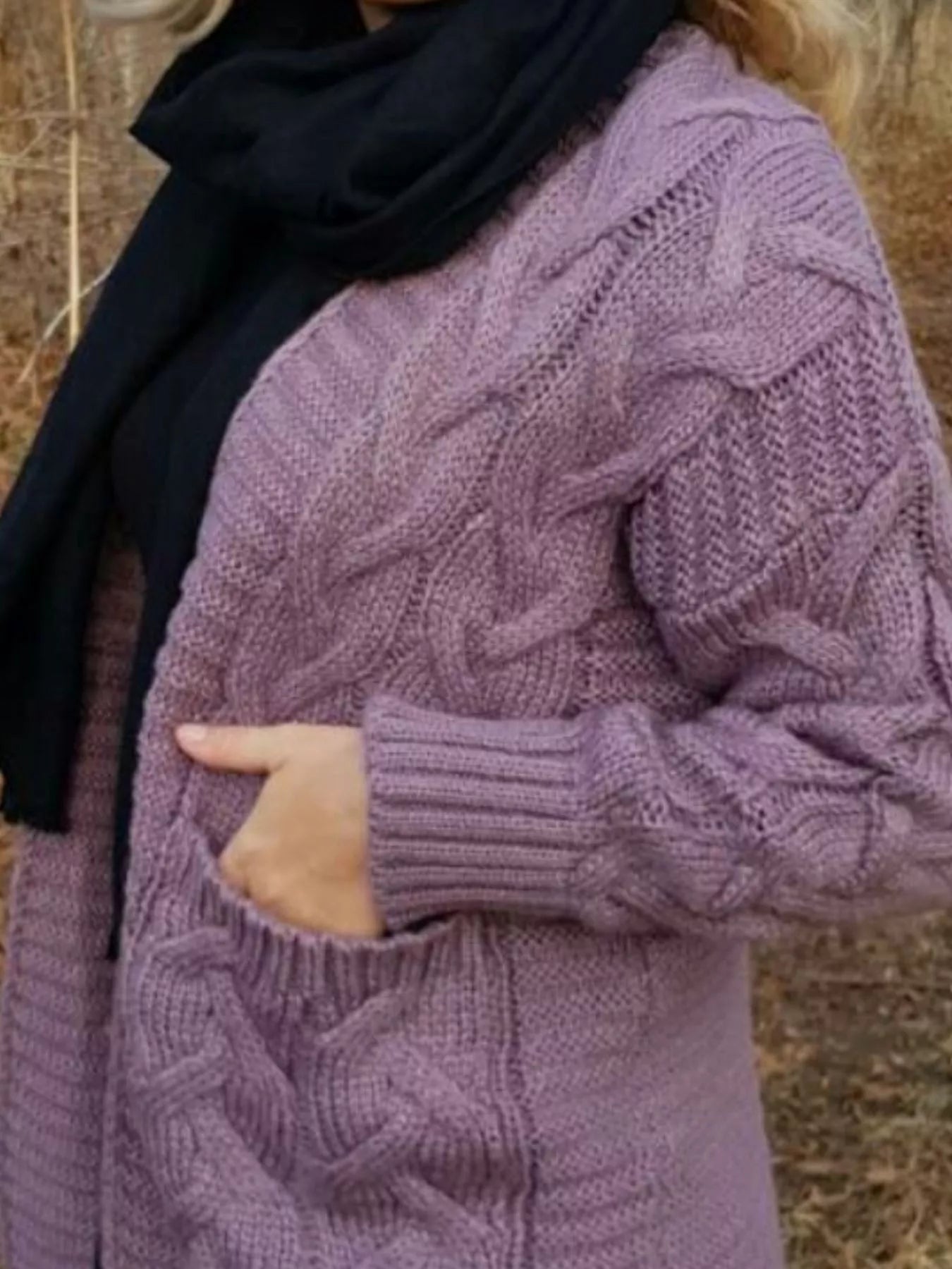 Women's chunky cable-knit open front cardigan with front pockets in purple, available in Burgundy, Gray, Purple, and Army Green, perfect for cozy fall layering.