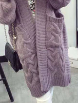 Women's chunky cable-knit open front cardigan with front pockets in purple, available in Burgundy, Gray, Purple, and Army Green, perfect for cozy fall layering.