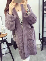 Women's chunky cable-knit open front cardigan with front pockets in purple, available in Burgundy, Gray, Purple, and Army Green, perfect for cozy fall layering.