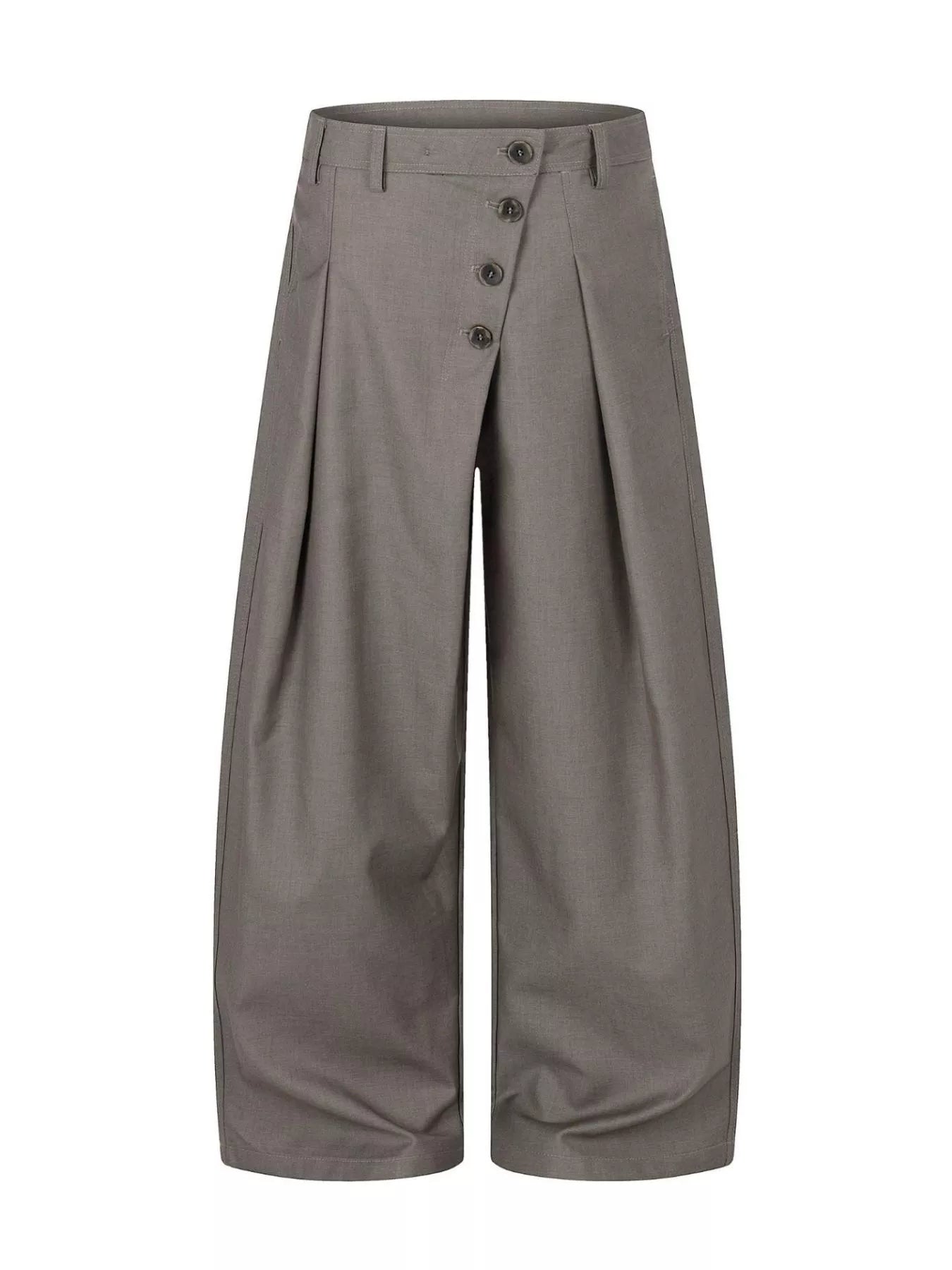 Men’s asymmetrical button wide-leg pants in coffee and black with pleated front and statement button detail.