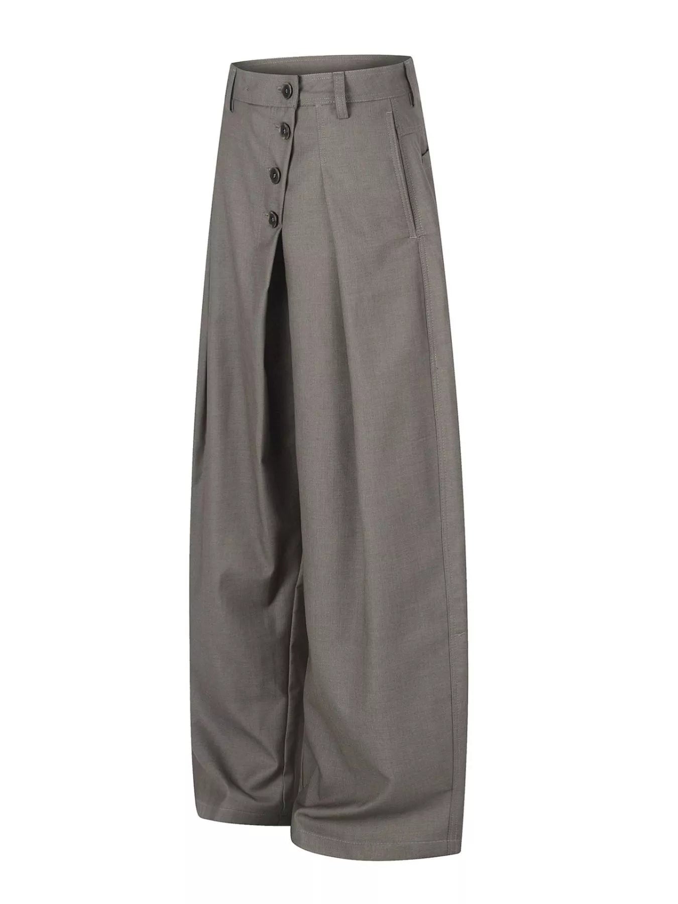Men’s asymmetrical button wide-leg pants in coffee and black with pleated front and statement button detail.