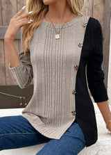Women’s dust storm and black color block ribbed knit long sleeve top with decorative side buttons and slit detail, available in sizes Small–2XL.