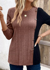 Women’s taupe and black color block ribbed knit long sleeve top with decorative side buttons and slit detail, available in sizes Small–2XL.