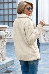 Ivy Lane women's cream sherpa coat with lapel collar, double-breasted button front, long sleeves, and textured fabric, available in sizes S–5XL.