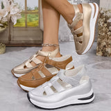 Gold, brown, and silver sandals on a neutral background
