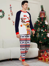 Dad wearing matching Christmas reindeer pajamas with navy sleeves, red trim, smiling Santa-hat reindeer graphics and festive patterned pants.