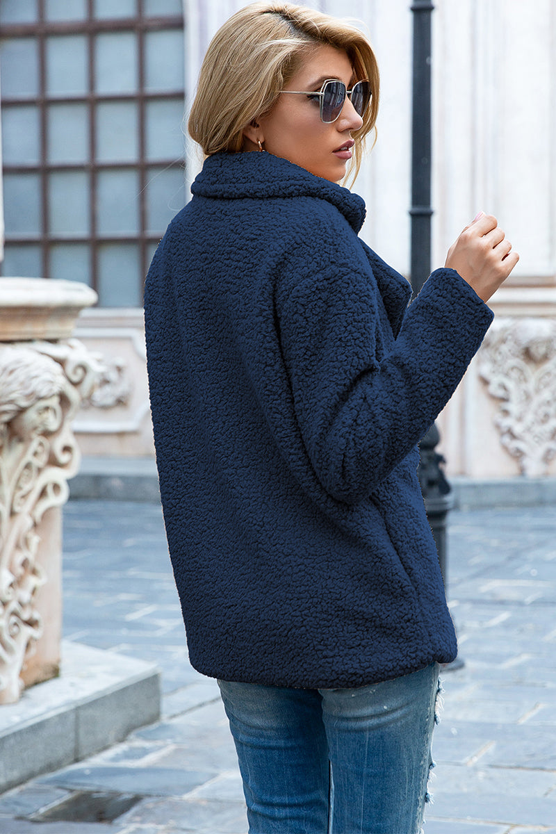 Ivy Lane women's dark blue sherpa coat with lapel collar, double-breasted button front, long sleeves, and textured fabric, available in sizes S–5XL.