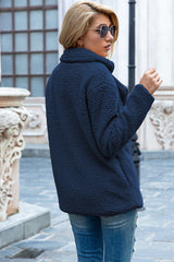 Ivy Lane women's dark blue sherpa coat with lapel collar, double-breasted button front, long sleeves, and textured fabric, available in sizes S–5XL.