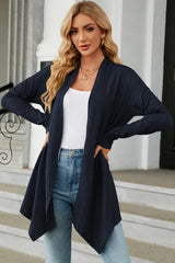 Women's Open Front Long Sleeve Cardigan in dark blue layered over a white tank and blue jeans, lightweight long cardigan for fall outfits, available in nine colors at Chic Mystik Boutique.