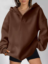 Women's oversized dropped shoulder hoodie sweatshirt in dark brown with long sleeves and relaxed fit, perfect for casual fall outfits, available in 11 colors and sizes Small–2XL.