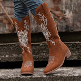 Women’s dark brown Western cowboy boots with white embroidered detailing and mid-height block heels.