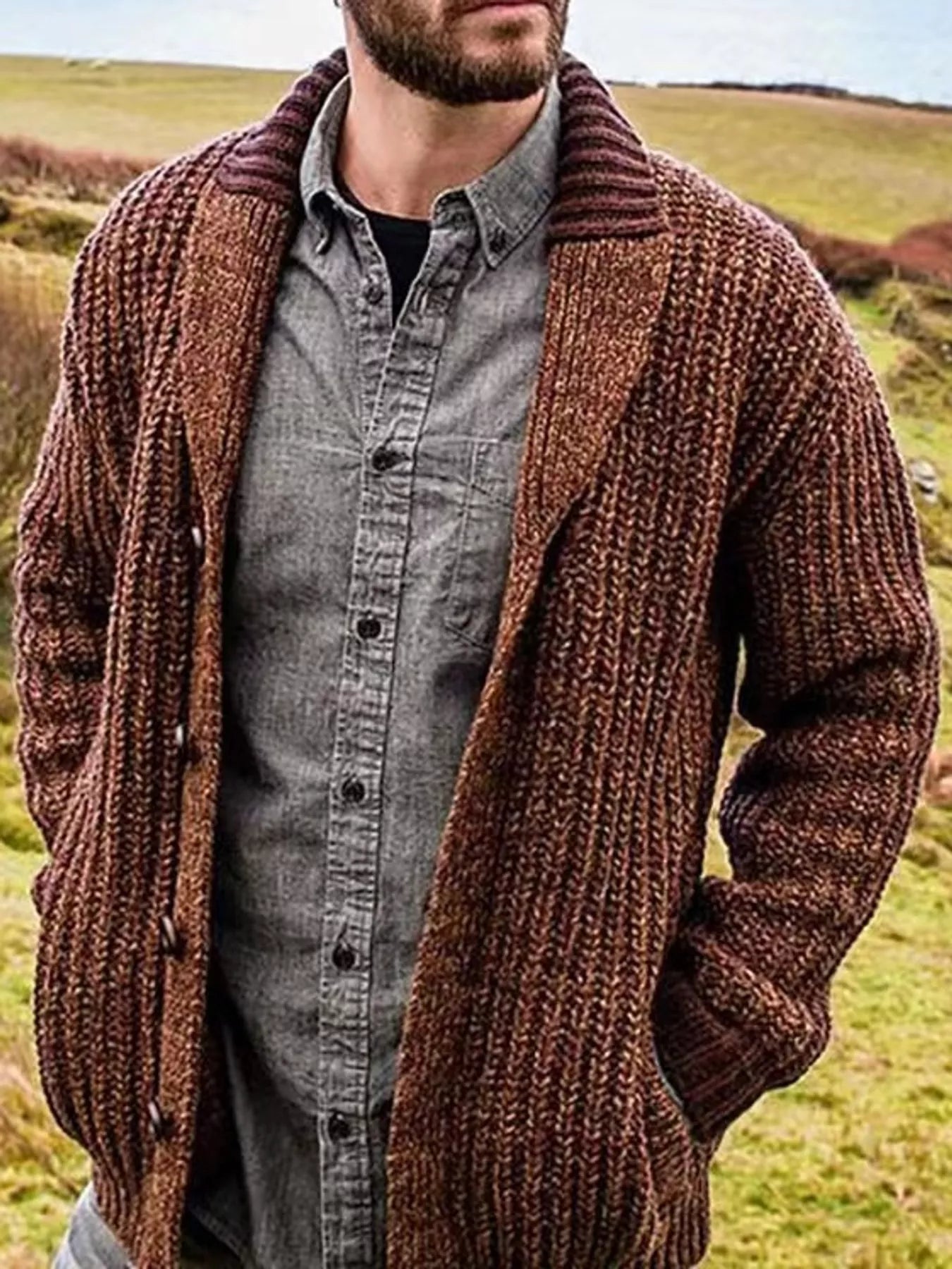 Men's dark brown chunky knit shawl collar cardigan with button-front closure, ribbed texture, and front pockets, layered over a gray button-down shirt.
