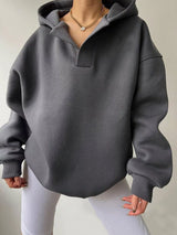 Women's oversized dropped shoulder hoodie sweatshirt in dark gray with long sleeves and relaxed fit, perfect for casual fall outfits, available in 11 colors and sizes Small–2XL.