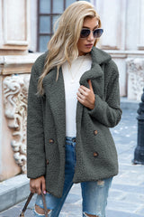 Ivy Lane women's dark gray sherpa coat with lapel collar, double-breasted button front, long sleeves, and textured fabric, available in sizes S–5XL.
